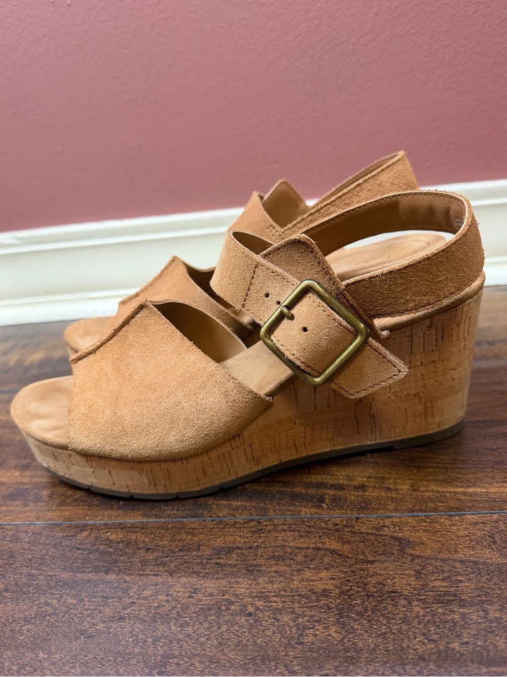 Clarks Sabina Dream Tan Suede Cork Wedge Sandal Size 8.5 Adjustable Straps